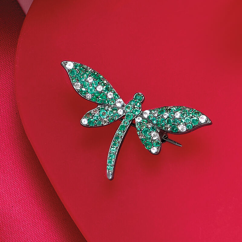 2.00 ct. t.w. Emerald and .70 ct. t.w. White Topaz Dragonfly Pin in Sterling Silver image number 2