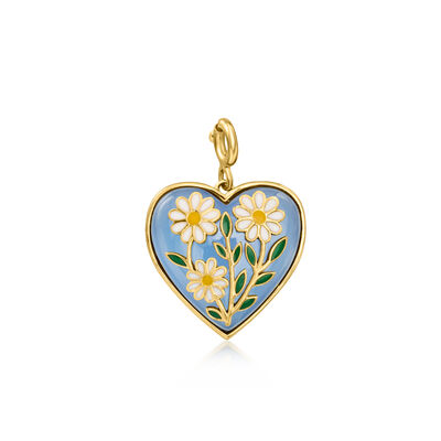 Blue Chalcedony Heart Charm with Multicolored Enamel Daisies in 18kt Gold Over Sterling