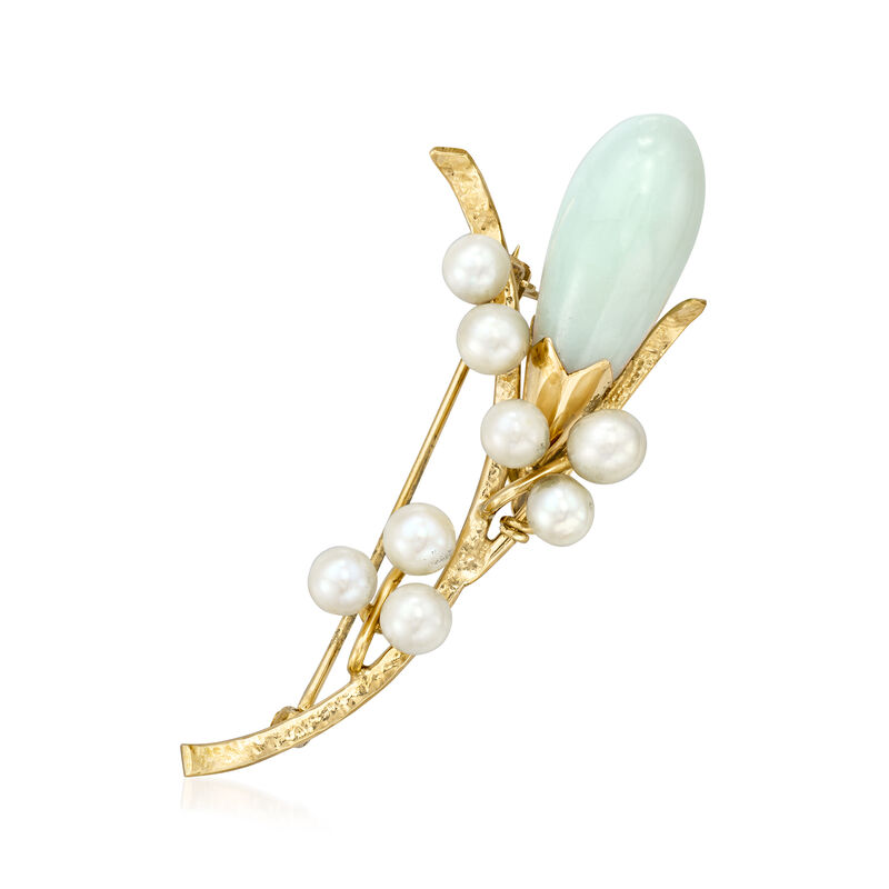 C. 1970 Vintage Jade and 4.5-5mm Cultured Pearl Flower Pin in 14kt Yellow Gold image number 0