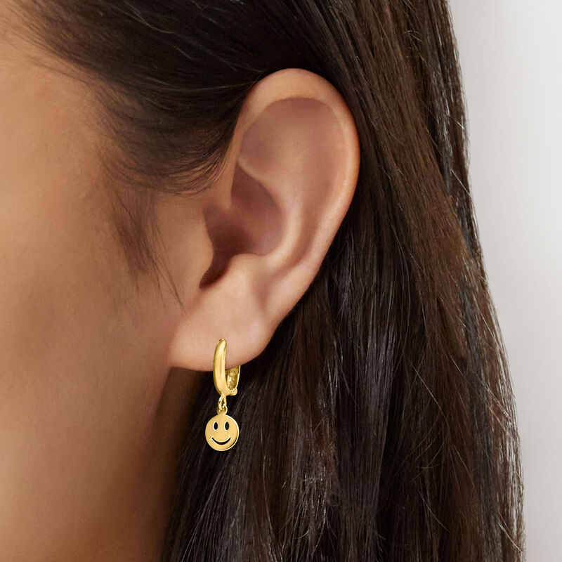 10kt Yellow Gold Smiley Face Huggie Hoop Drop Earrings image number 1