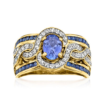 .80 Carat Tanzanite and .60 ct. t.w. Sapphire Ring with .30 ct. t.w. White Zircon in 18kt Gold Over Sterling