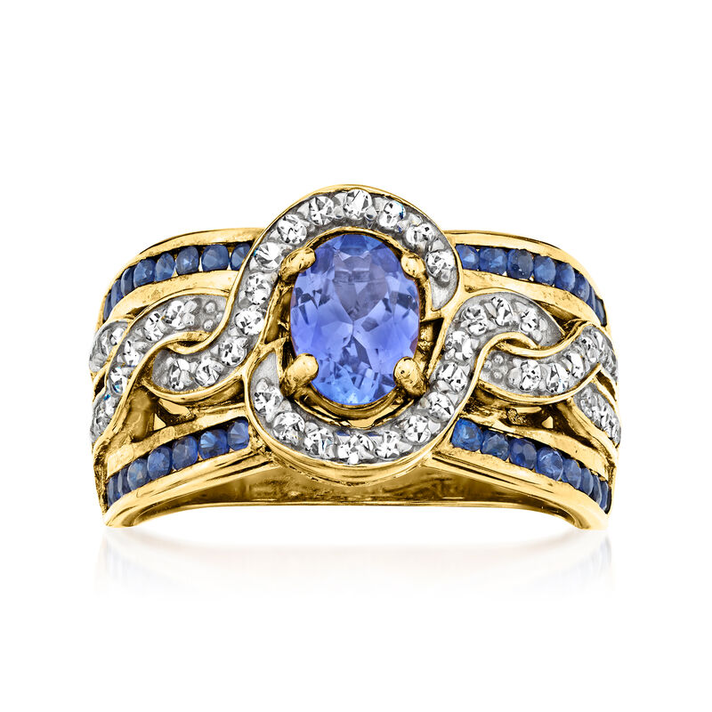 .80 Carat Tanzanite and .60 ct. t.w. Sapphire Ring with .30 ct. t.w. White Zircon in 18kt Gold Over Sterling image number 0