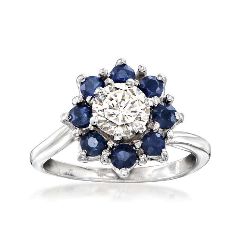 C. 1970 Vintage .75 Carat Diamond and .80 ct. t.w. Sapphire Flower Ring in 14kt White Gold. Size 5.5 image number 0
