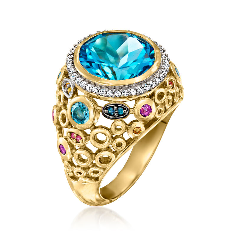 9.25 Carat Swiss Blue Topaz and 1.07 ct. t.w. Multi-Gemstone Ring in 18kt Gold Over Sterling. Size 7 image number 1