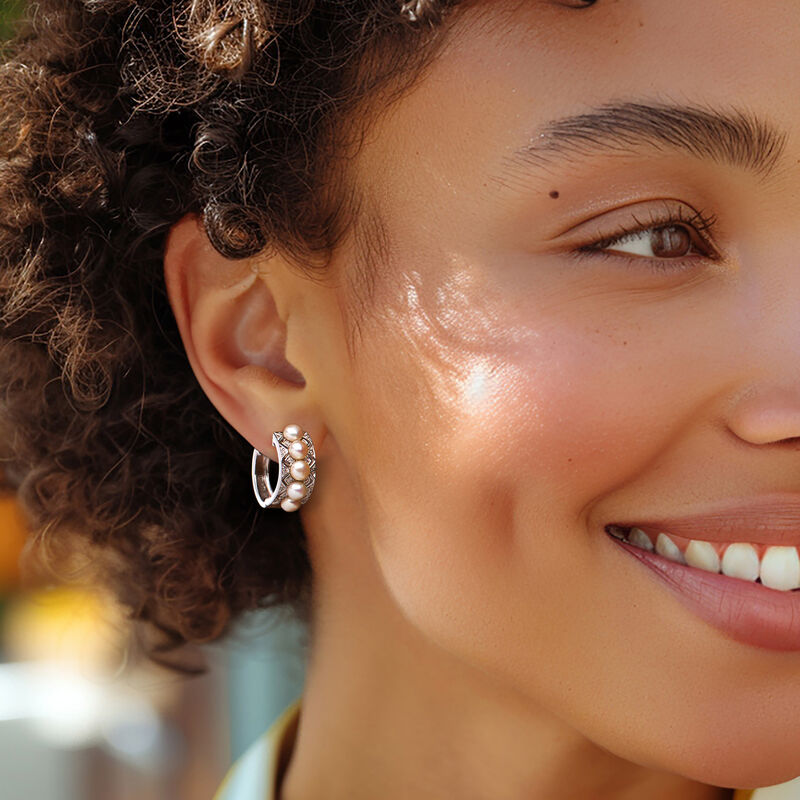 4-4.5mm Cultured Pearl and .11 ct. t.w. Diamond Hoop Earrings in Sterling Silver. 5/8&quot; image number 1