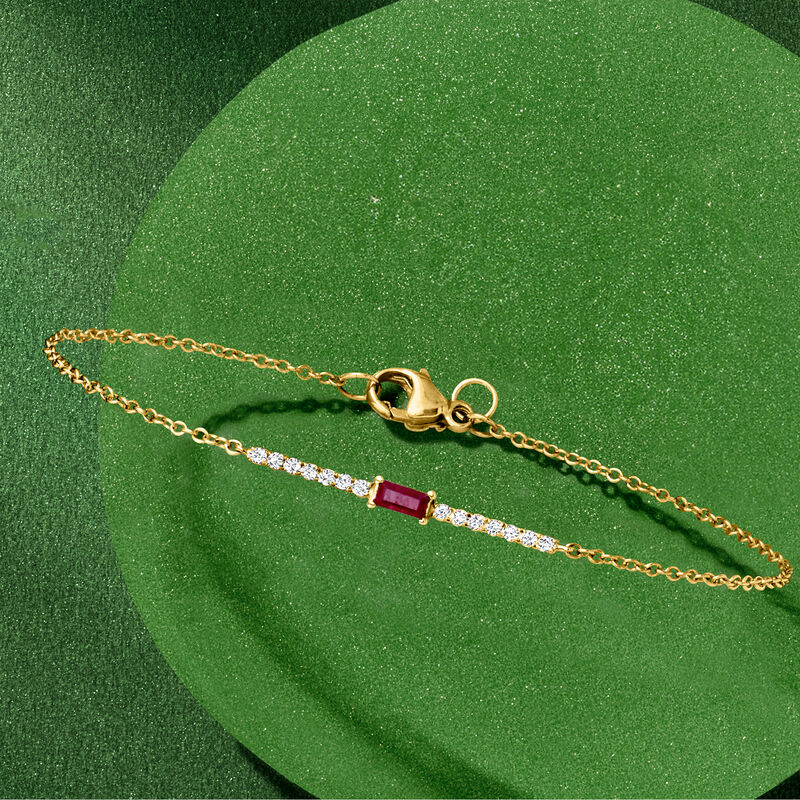 .10 Carat Ruby and .11 ct. t.w. Diamond Bar Bracelet in 14kt Yellow Gold image number 2