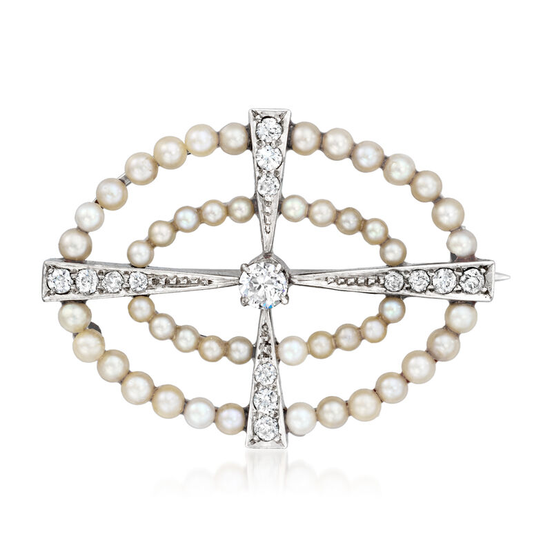 C. 1950 Vintage 2.1-2.4mm Cultured Pearl and .58 ct. t.w. Diamond Oval Pin in Platinum image number 0