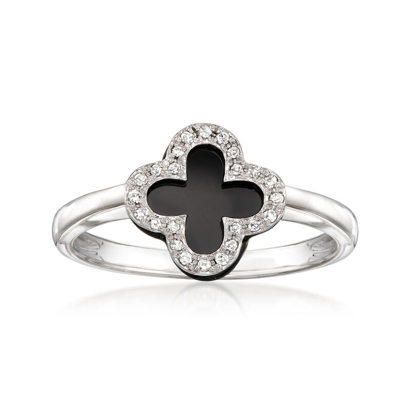 C. 2000 Onyx Clover Ring with .12 ct. t.w. Diamonds in 14kt White Gold. Size 6.5 image number 0