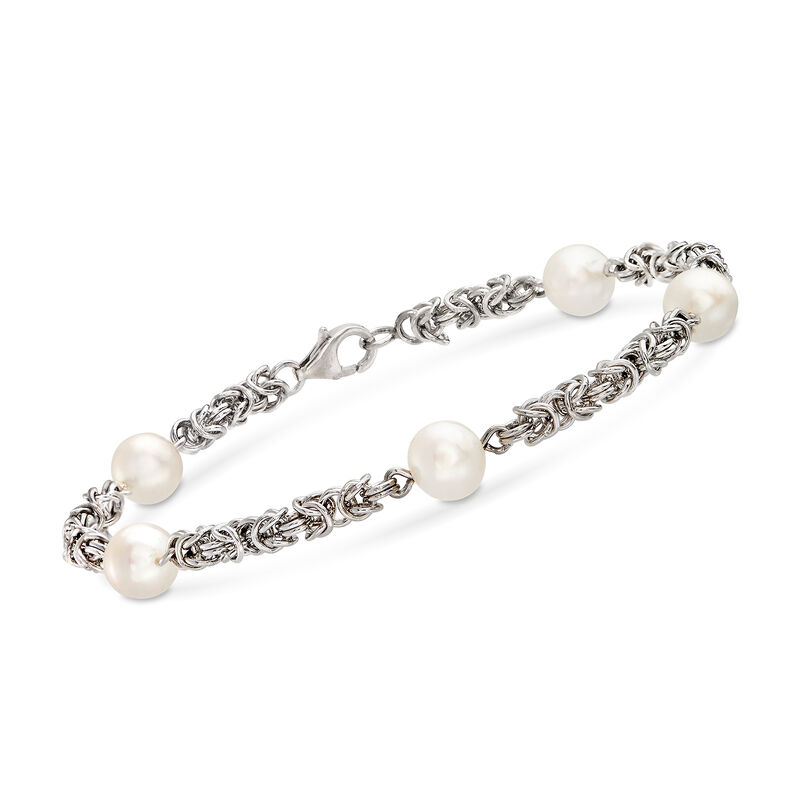 7mm Cultured Pearl Byzantine Station Bracelet in Sterling Silver image number 0