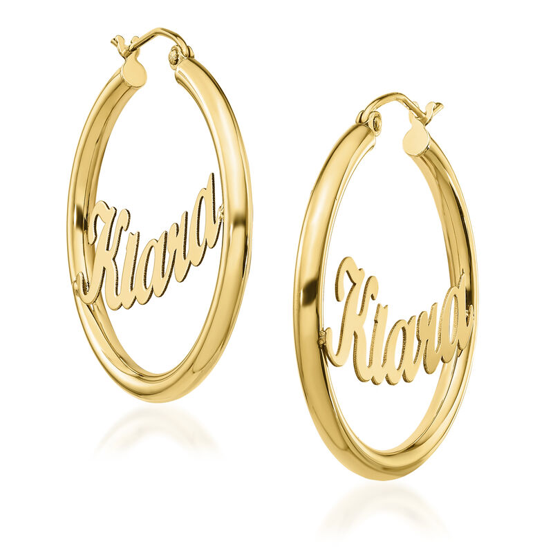 14kt Yellow Gold Name Hoop Earrings. 1 1/8&quot; image number 1