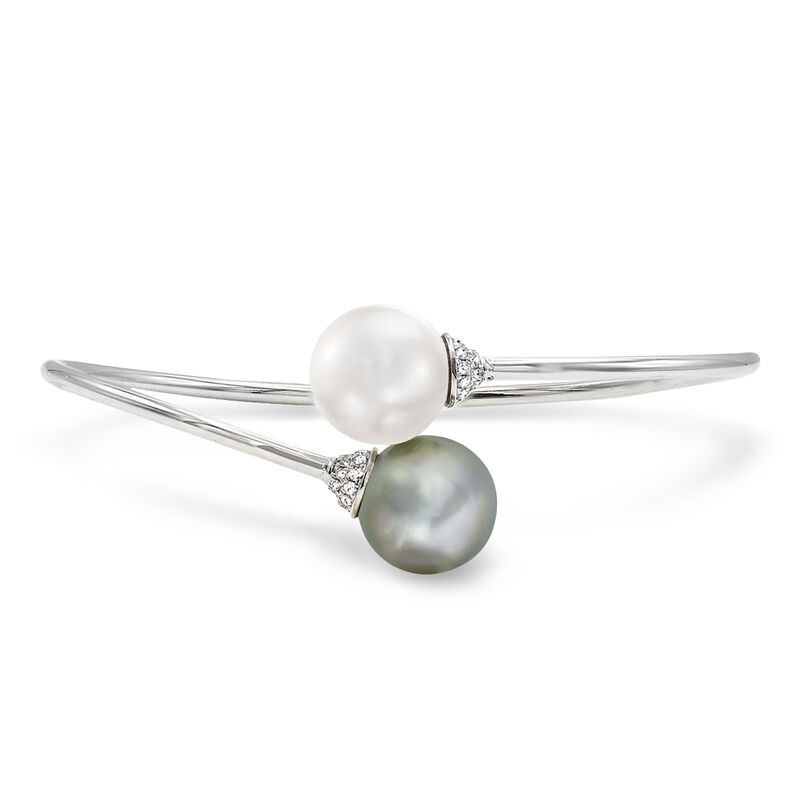 11-12mm Black Cultured Tahitian and White Cultured South Sea Pearl Bypass Bangle Bracelet with .20 ct. t.w. Diamonds in 18kt White Gold. 7.5" image number 0