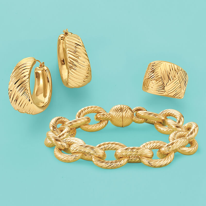 Italian Andiamo 14kt Yellow Gold Striped Texture Hoop Earrings. 1 1/8&quot; image number 2