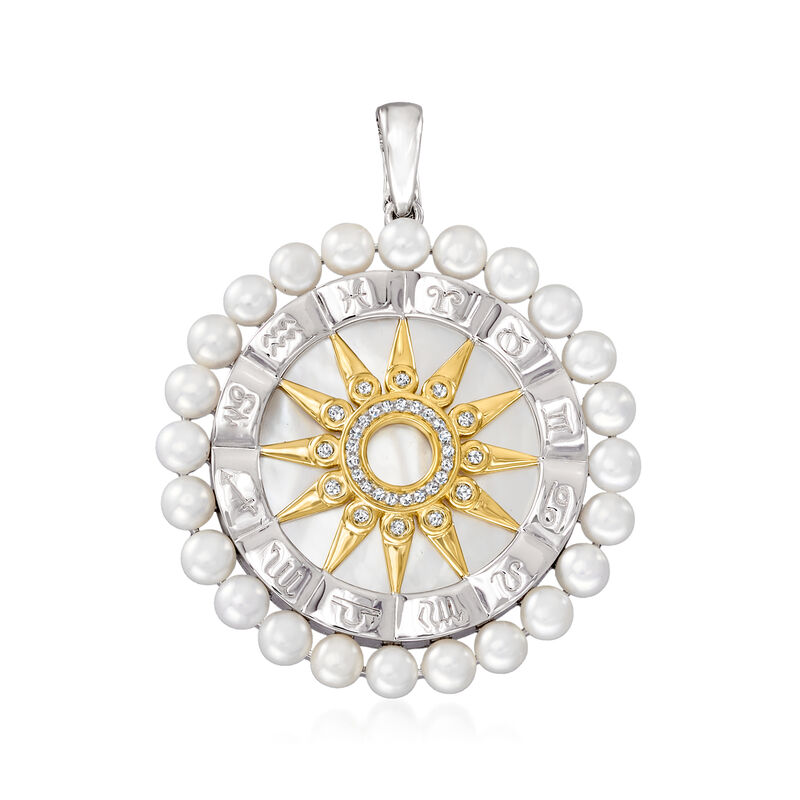 Mother-Of-Pearl and 3.5-4mm Cultured Pearl Zodiac Pendant with .10 ct. t.w. Diamonds in Two-Tone Sterling Silver image number 1