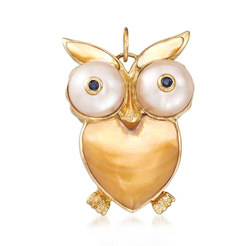 Mother-Of-Pearl and Cultured Pearl Owl Pendant with Sapphire Accents in 14kt Yellow Gold image number 0
