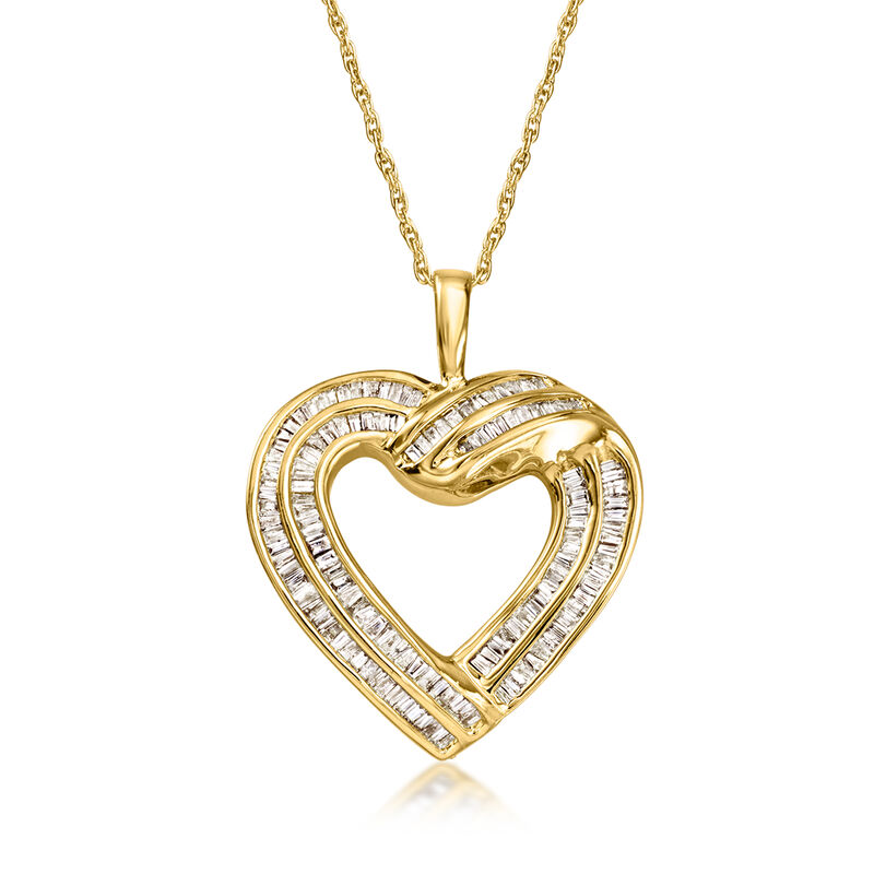 C. 1990 Vintage 1.00 ct. t.w. Baguette Diamond Heart Pendant Necklace in 14kt Yellow Gold. 18" image number 0