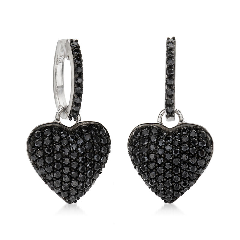 2.10 ct. t.w. Pave Black Spinel Removable Heart Drop Earrings in Sterling Silver  image number 2