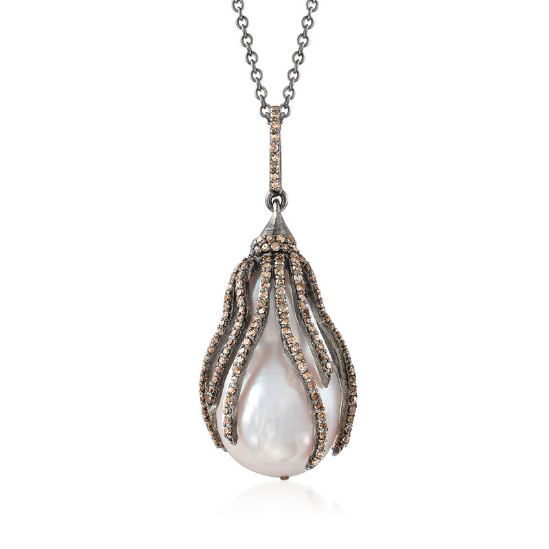 22.7x15mm Cultured Baroque Pearl and 1.20 ct. t.w. Brown Diamond Pendant Necklace in Sterling Silver image number 0