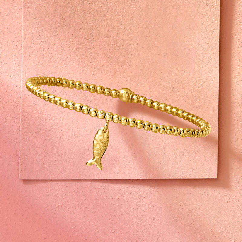 Italian 3mm 18kt Gold Over Sterling Bead Stretch Bracelet with Fish Charm image number 2