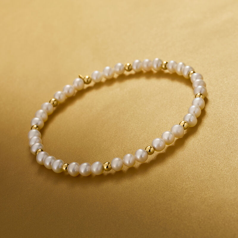 4-5mm Cultured Pearl and 14kt Yellow Gold Bead Stretch Bracelet image number 3