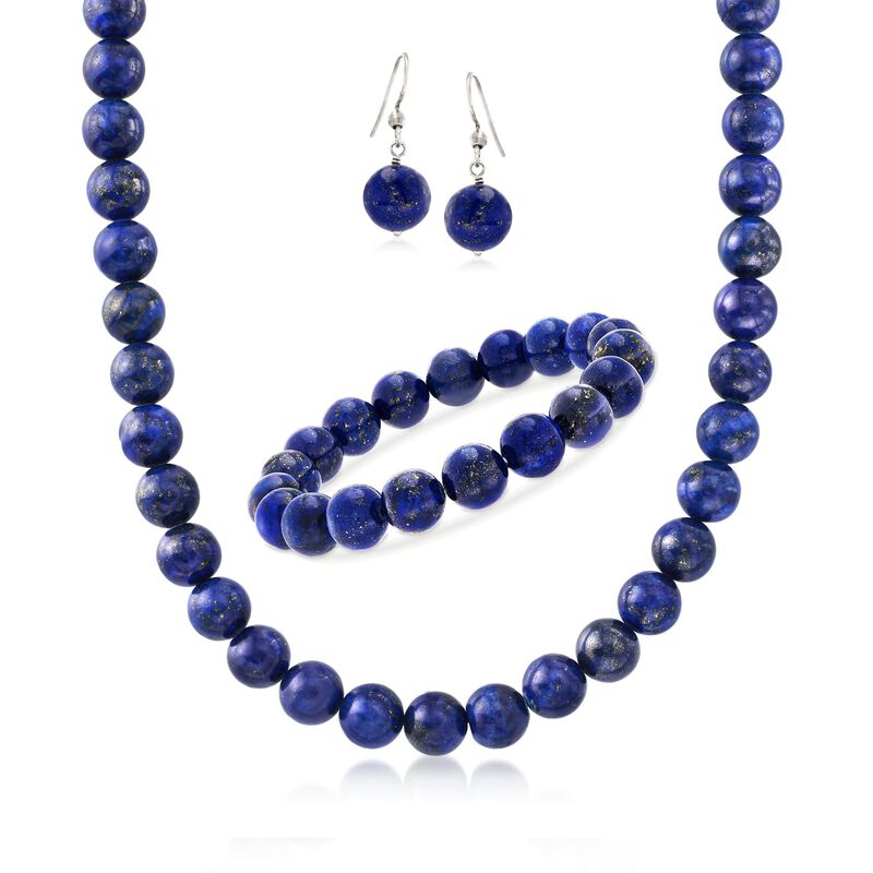 10-10.5mm Blue Lapis Bead Jewelry Set: Necklace, Bracelet and Drop Earrings in Sterling. 18.25&quot; image number 1