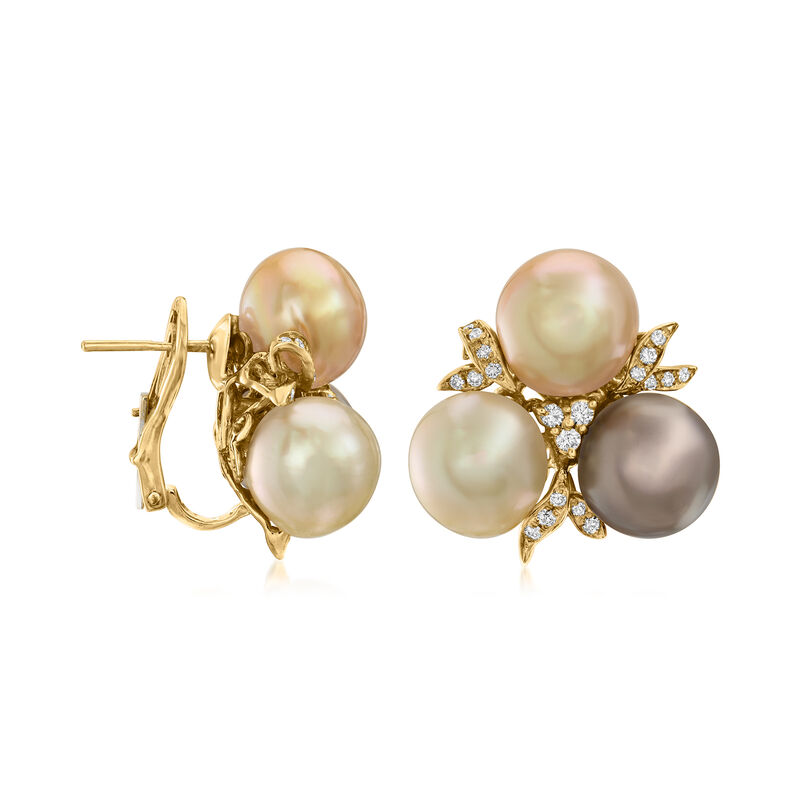 C. 1980 Vintage 11mm Multicolored Cultured Pearl and .55 ct. t.w. Diamond Cluster Earrings in 18kt Yellow Gold image number 2