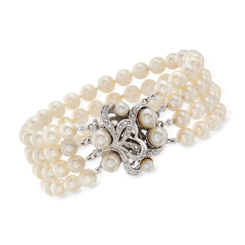 C. 1950 Vintage 5.5x6mm Cultured Pearl and .25 ct. t.w. Diamond Four-Row Bracelet in 14kt White Gold. 6.75&quot; image number 0