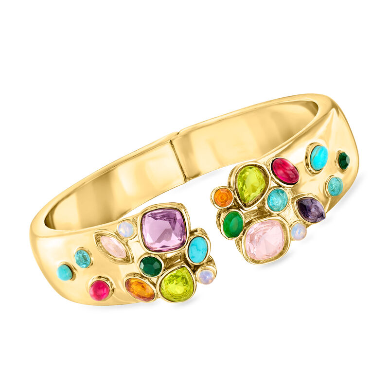 14kt Yellow Gold-Plated Cuff Bracelet with Simulated Multicolored Gemstones image number 0
