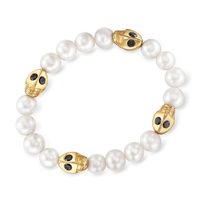 9-10mm Cultured Pearl and 1.80 ct. t.w. Black Spinel Skull Stretch Bracelet in 18kt Gold Over Sterling image number 2