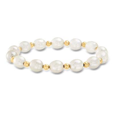 8-9mm Cultured Pearl and 14kt Yellow Gold Bead Stretch Bracelet