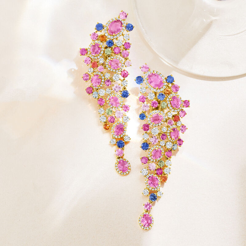 13.45 ct. t.w. Multicolored Sapphire and 2.30 ct. t.w. Diamond Drop Earrings in 18kt Yellow Gold image number 2