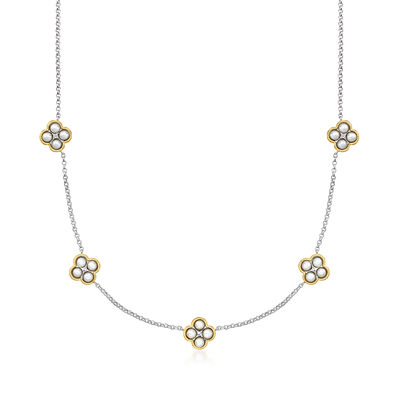 Charles Garnier "Trefle" 3-3.5mm Cultured Pearl Station Necklace with CZs in Sterling Silver and 18kt Gold Over Sterling