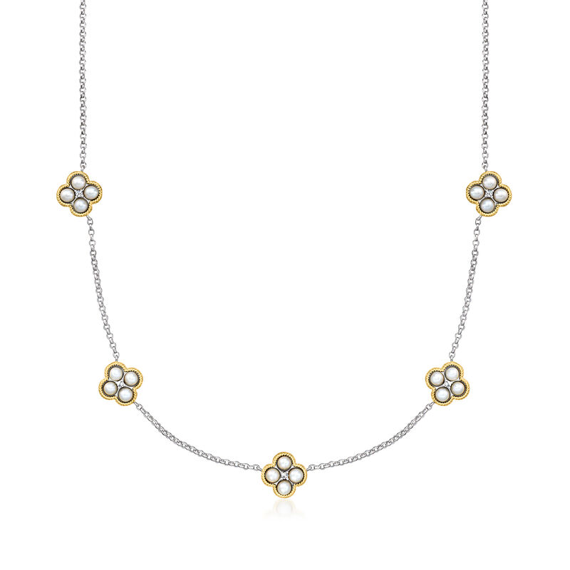 Charles Garnier "Trefle" 3-3.5mm Cultured Pearl Station Necklace with CZs in Sterling Silver and 18kt Gold Over Sterling. 17.5" image number 1