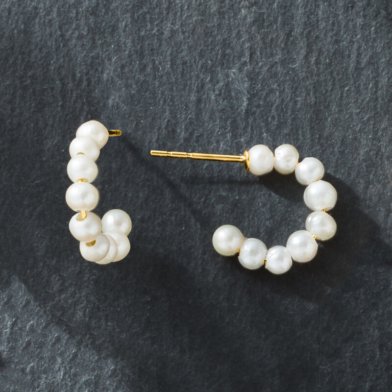 3-3.5mm Cultured Pearl C-Hoop Earrings in 14kt Yellow Gold. 1/2&quot; image number 4