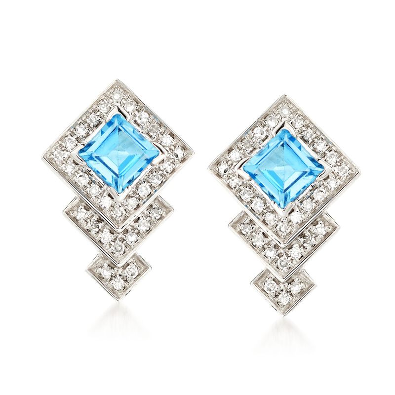.90 ct. t.w. Blue Topaz and .18 ct. t.w. Diamond Drop Earrings in 14kt White Gold image number 0