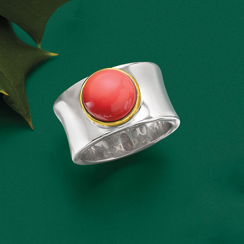 Orange Coral Wide Ring in Sterling Silver with 14kt Yellow Gold image number 5