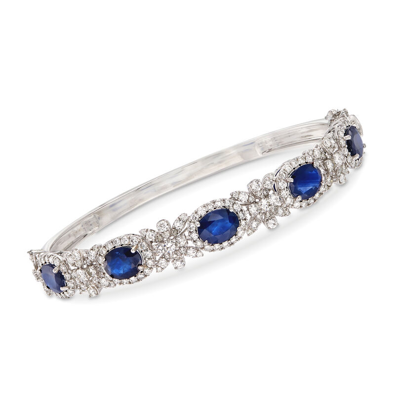 6.25 ct. t.w. Sapphire and 3.20 ct. t.w. Diamond Bangle Bracelet in 18kt White Gold. 7.5&quot; image number 0