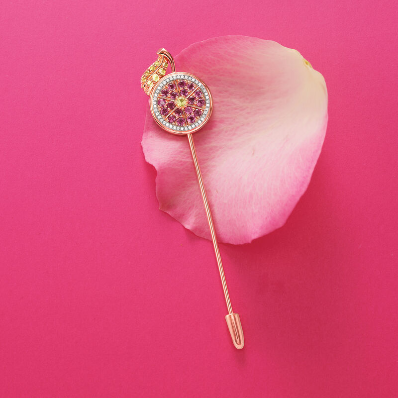 .70 ct. t.w. Peridot, .10 ct. t.w. Rhodolite Garnet and .10 ct. t.w. Diamond Citrus Stick Pin in 18kt Rose Gold Over Sterling image number 2