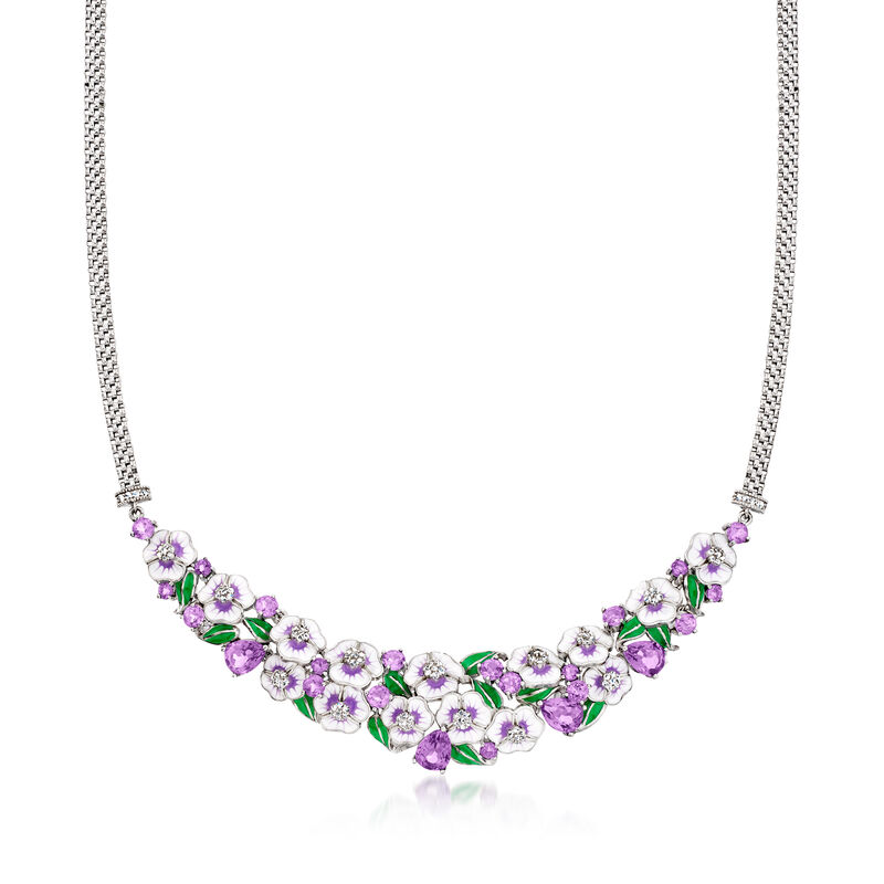 7.80 ct. t.w. Amethyst and .90 ct. t.w. White Topaz Floral Bib Necklace with Multicolored Enamel in Sterling Silver image number 0