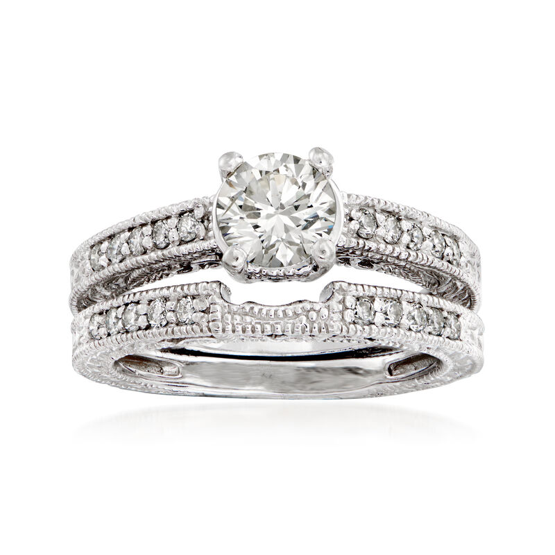 C. 1990 Vintage 1.18 ct. t.w. Diamond Bridal Set: Engagement and Wedding Rings in 14kt White Gold. Size 7 image number 0