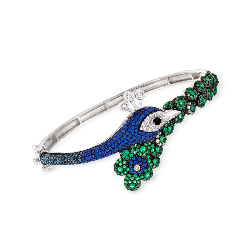 4.25 ct. t.w. Multicolored CZ Peacock Bangle Bracelet in Sterling Silver. 7" image number 0