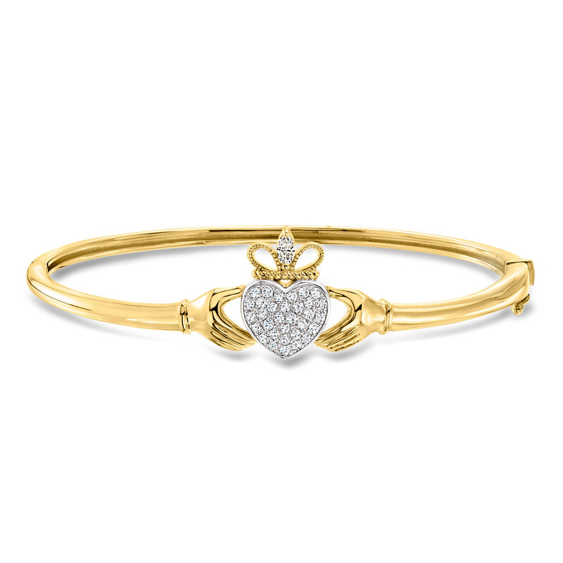 .26 ct. t.w. Lab-Grown Diamond Claddagh Bangle Bracelet in 18kt Gold Over Sterling and Sterling Silver. 7" image number 0