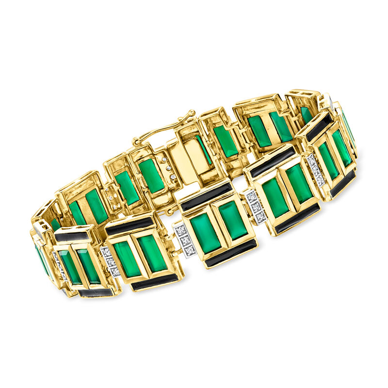Green Chalcedony and .50 ct. t.w. White Topaz Bracelet with Black Enamel in 18kt Gold Over Sterling image number 0