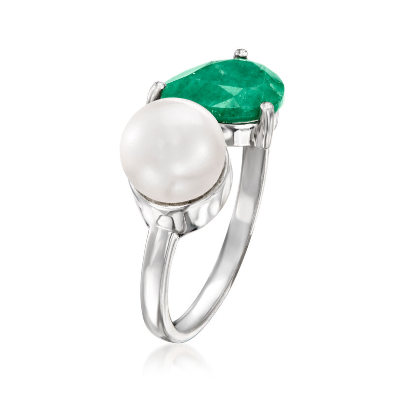 7.5-8mm Cultured Pearl and 1.70 Carat Emerald Toi et Moi Ring in Sterling Silver image number 2