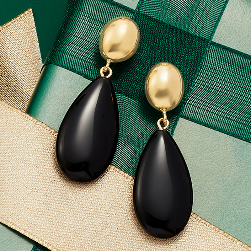 14kt Yellow Gold and Black Onyx Teardrop Earrings image number 3