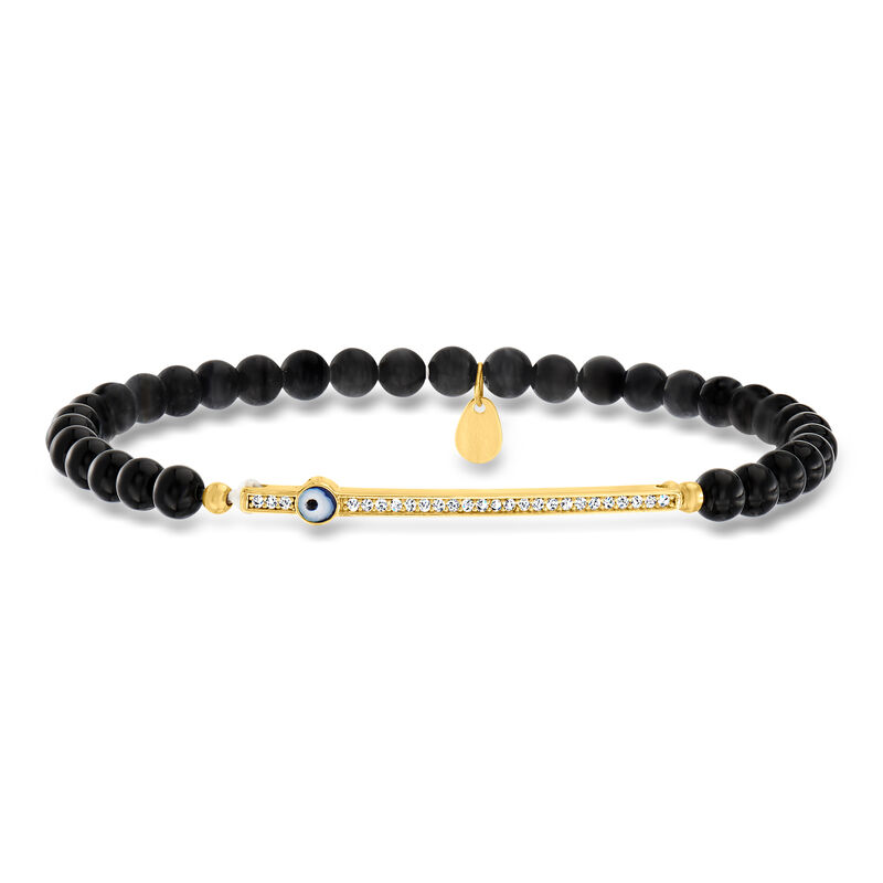 3.8-4.5mm Onyx Bead and .10 ct. t.w. CZ Evil Eye Stretch Bracelet in 18kt Gold Over Sterling  image number 0
