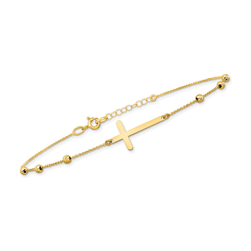 Italian 14kt Yellow Gold Sideways Cross and Bead Station Anklet. 9&quot; image number 0