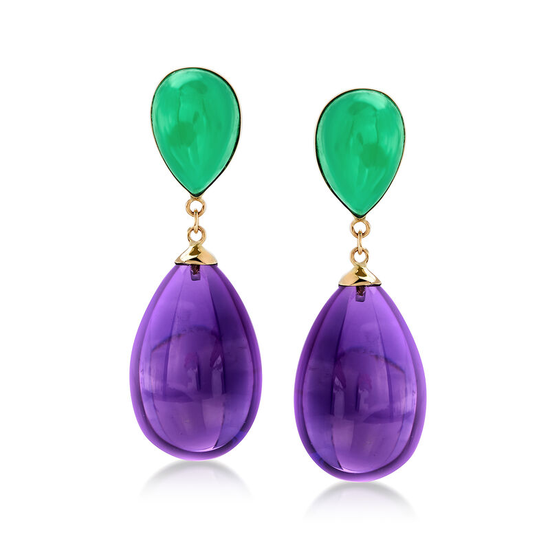 Jade and 35.00 ct. t.w. Simulated Amethyst Teardrop Earrings in 14kt Yellow Gold  image number 0