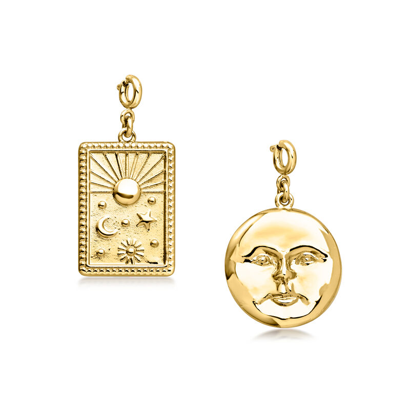14kt Yellow Gold-Plated Jewelry Set: Two Celestial Charms on Black Leather Cord. 18" image number 2