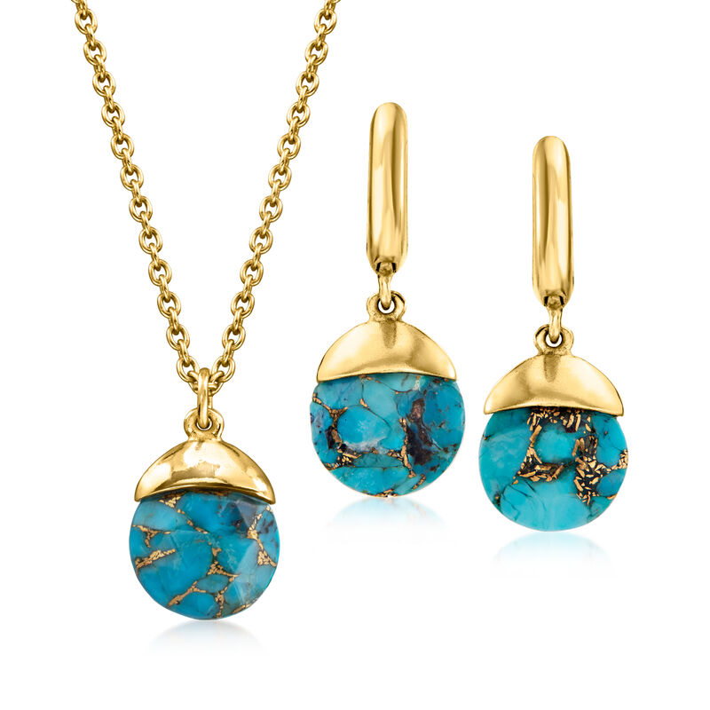 Turquoise Jewelry Set: Drop Earrings and Necklace in 18kt Gold Over Sterling. 18&quot; image number 1