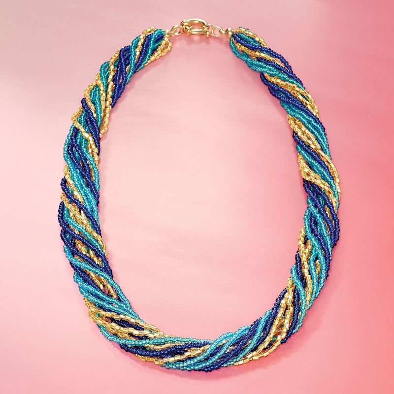Italian Blue and Golden Murano Glass Bead Torsade Necklace with 18kt Gold Over Sterling image number 2
